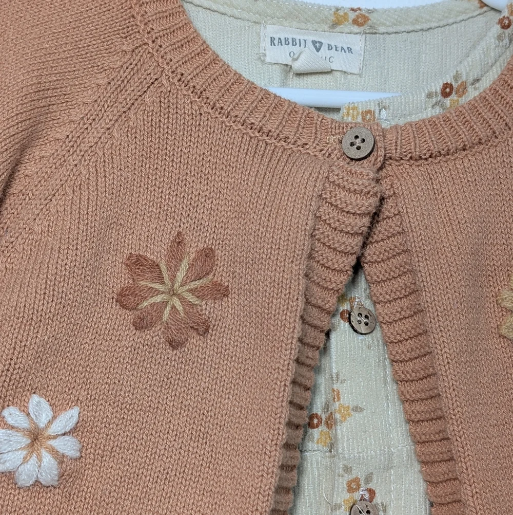 Rabbit + Bear Organic Cotton Floral Cardigan & Dress Bundle Girls 3T Orange Tan